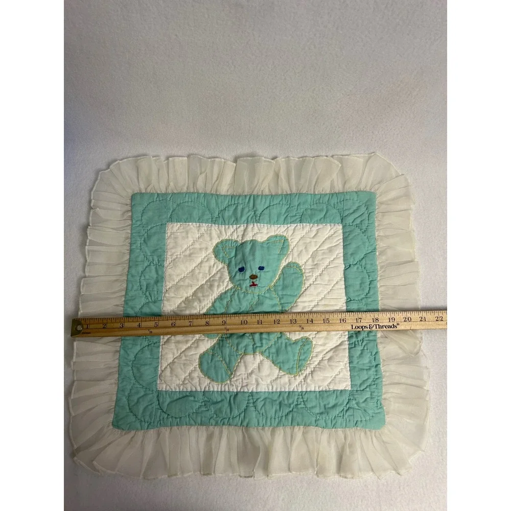 Vintage Cottagecore Unbranded Unisex Teal White Quilted Teddy Bear Pillow Sham